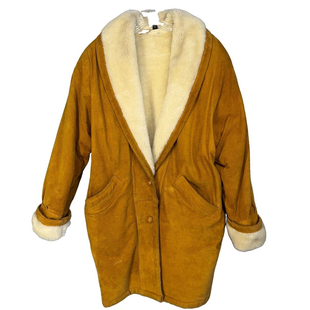 Vintage Suede Shearling Coat Womens M Tan Rancher Shawl Collar Western